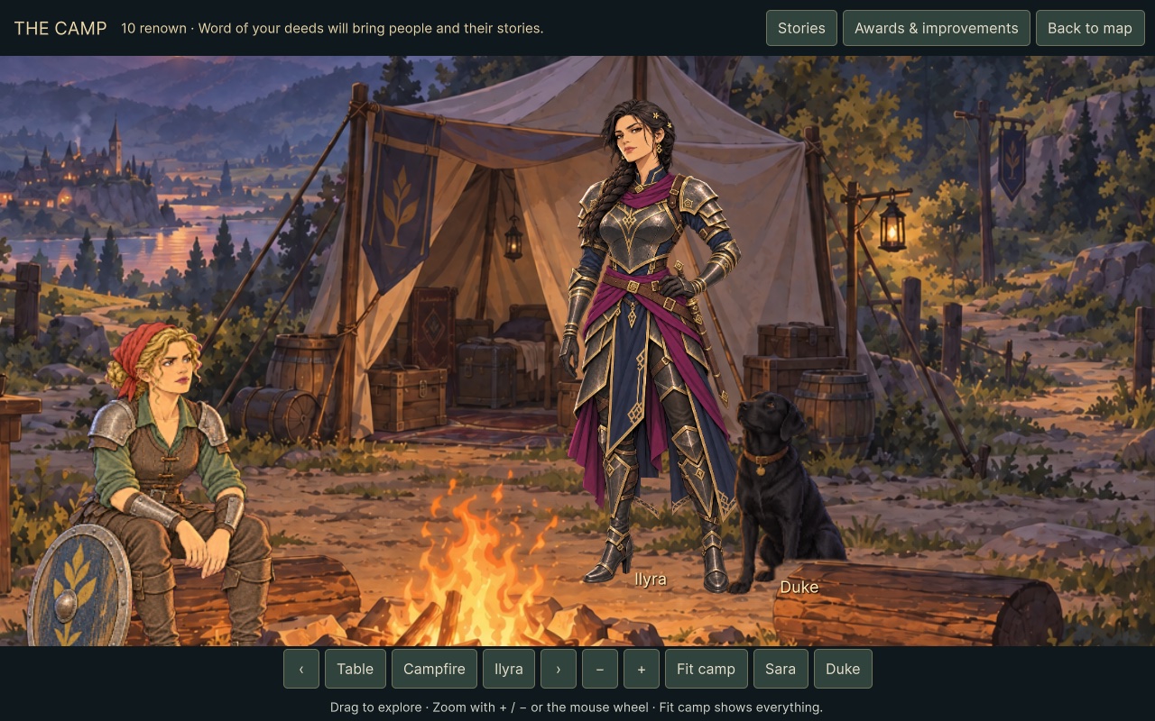 In-game camp scene with Ilyra, Sara and Duke beside a fire